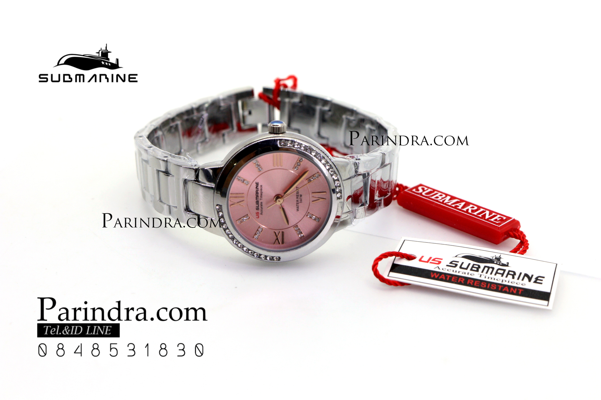 นาฬิกา US submarine รุ่น J120L กรอบหน้าปัดคริตตัล หน้าปัดสีชมพู สายสแตนเลสสีเงินเงา