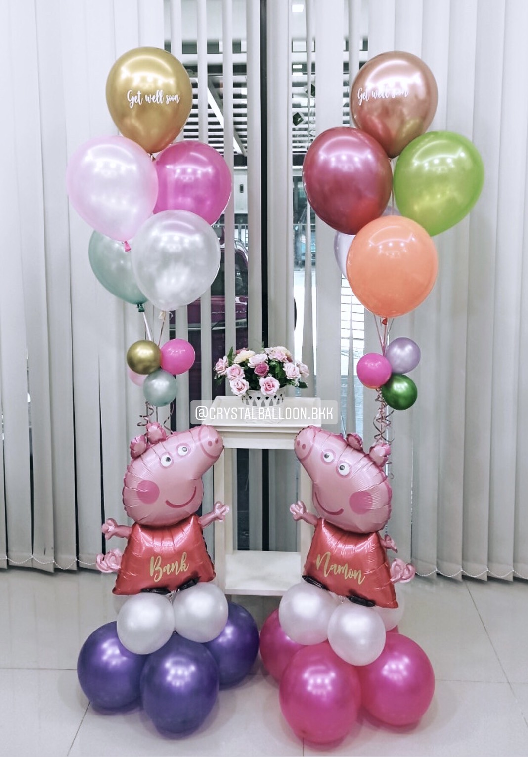 ลูกโป่ง เยี่ยมไข้ Get Well Soon Theme Peppa Pig ตั้งฐาน 2 ตัว พร้อม ช่อลูกโป่ง 2 ช่อ พร้อมตกเเต่ง สามารถเปลี่ยนสีลูกโป่ง/เปลี่ยนข้อความ/เปลี่ยนฟอยล์การ์ตูนได้