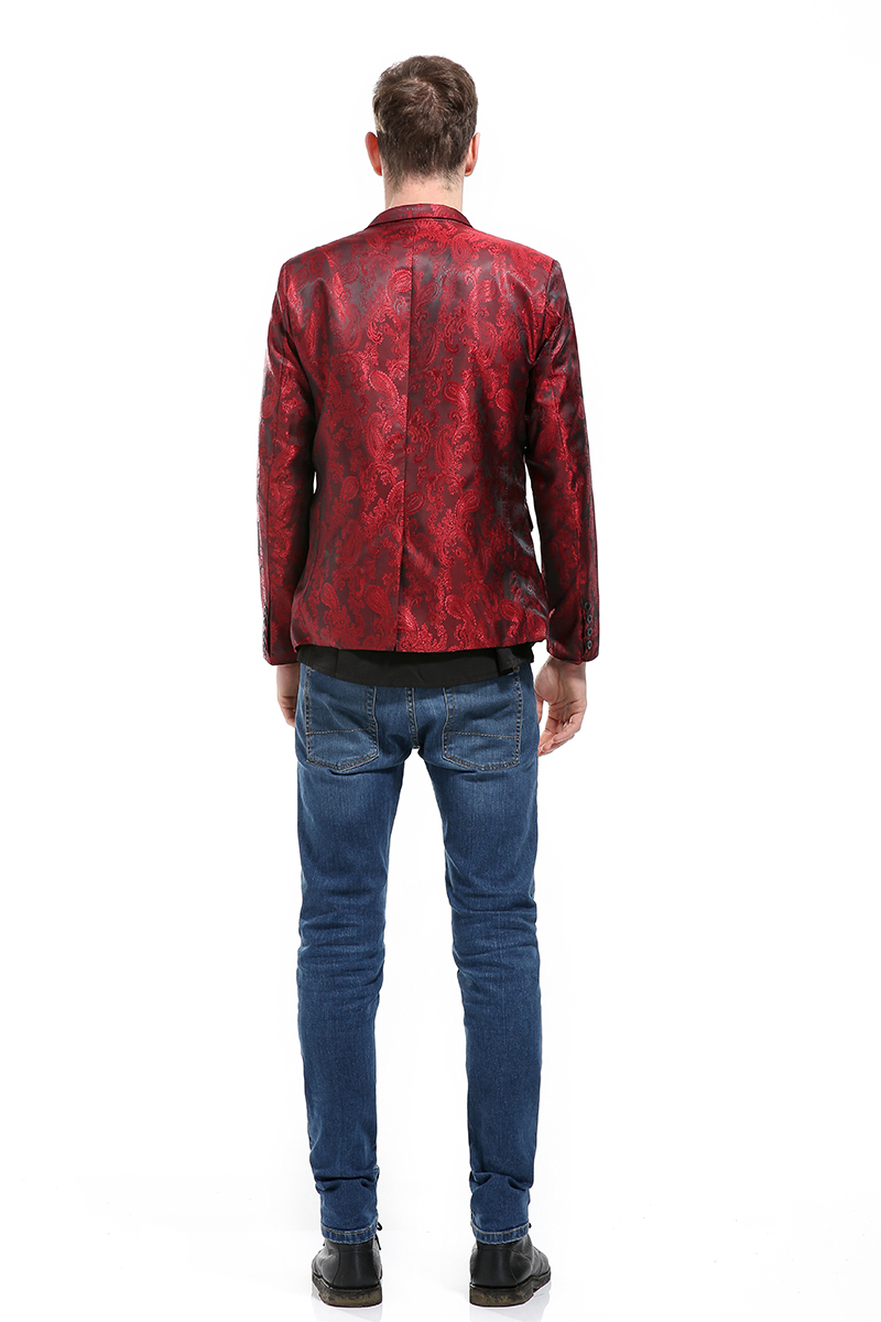 พร้อมเช่า ชุดสูทชาย สีแดง พิมพ์ลาย เนื้อผ้าแพรแบบหรูมาก