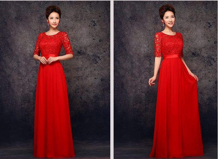 พร้อมเช่า ชุดราตรียาว สีแดง แขนสามส่วน ลูกไม้ฉลุ กระโปรงผ้าชีฟอง