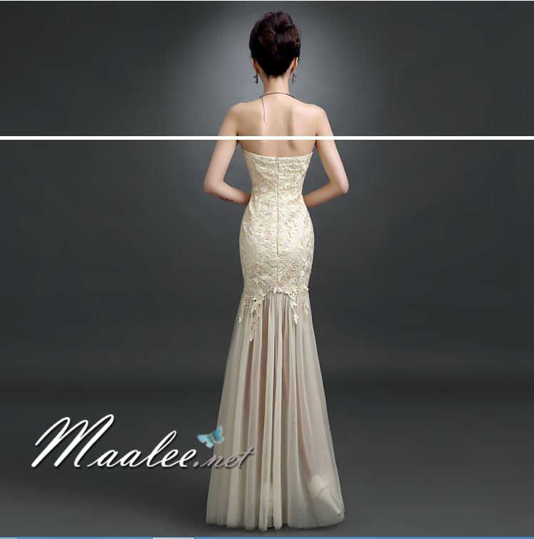 พร้อมส่ง ชุดราตรียาว สีครีม แบบเกาะอก ลายลูกไม้ ทรงหางปลาแต่งผ้าตาข่าย (เชือกผูกหลัง)