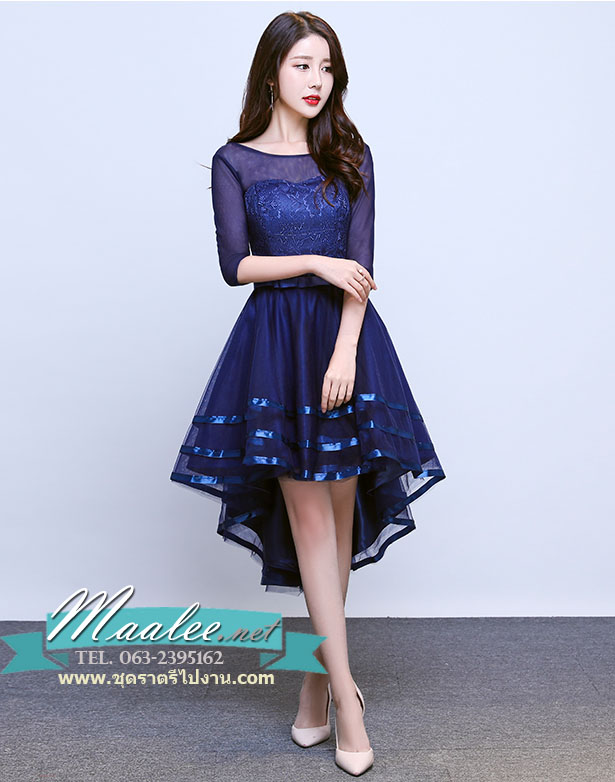 พร้อมเช่า ชุดราตรีแขนกุด หน้าสั้นหลังยาว สีกรมท่า แบบหน้าสั้น/หลังยาว สวยเก๋ กระโปรงตาข่าย (เชือกผูกหลัง)