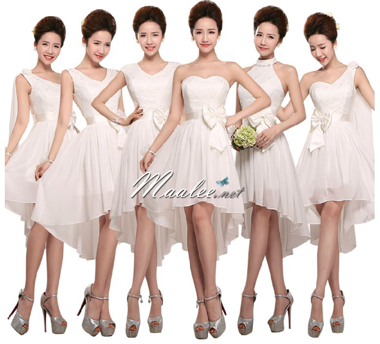 พร้อมส่ง ชุดเพื่อนเจ้าสาว PE-503 สีขาว แบบ F แขนกุด หน้าสั้นหลังยาว แต่งลูกไม้ช่วงอก คาดโบว์ที่เอว (ซิปหลัง)