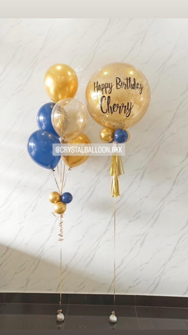 ลูกโป่ง วันเกิด Bubble ขนาด 24" กลิตเตอร์สีทอง พร้อม ช่อลูกโป่ง ช่อ 5 ลูก 1 ช่อ พร้อมตกแต่ง สามารถเปลี่ยนสีลูกโป่ง/เปลี่ยนข้อความ/เปลี่ยนขนาดได้
