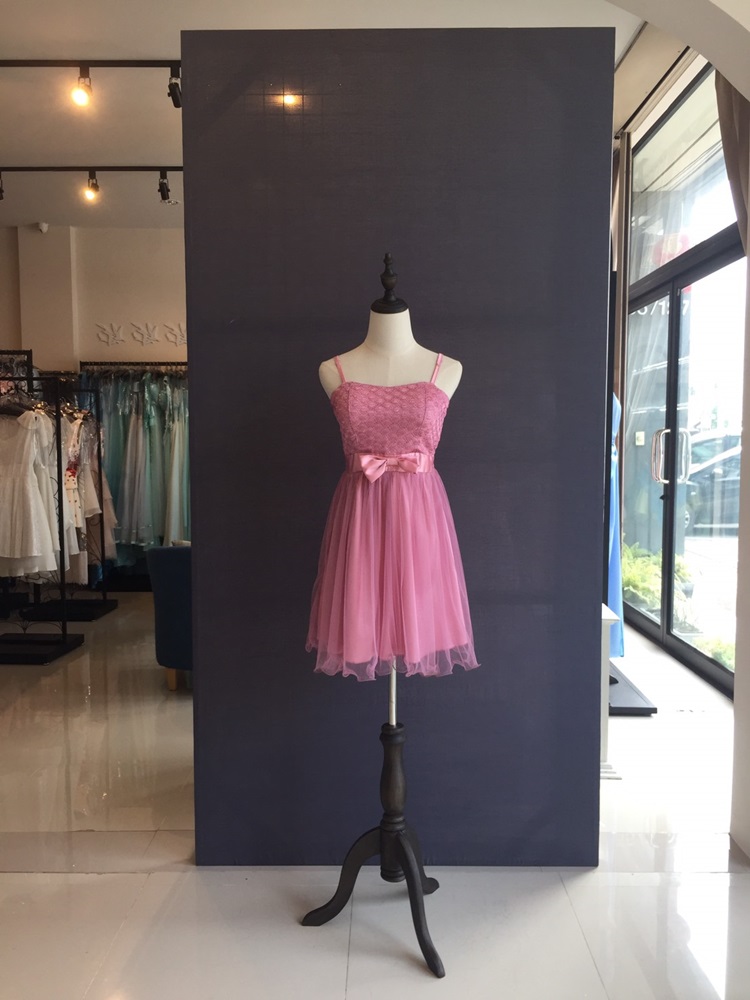 Sale พร้อมส่ง ชุดราตรีสั้น สายเดี่ยว สีชมพูกลีบบัว