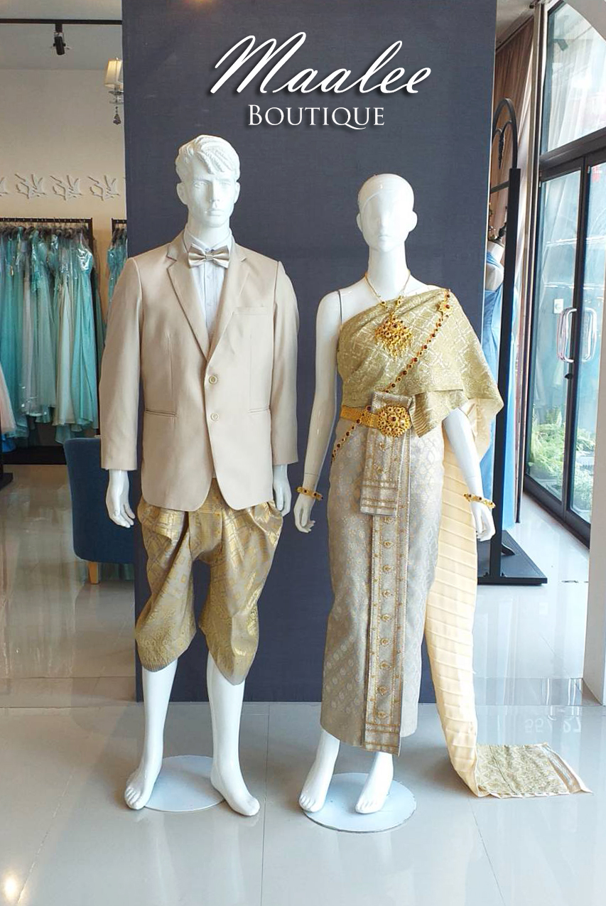 พร้อมเช่า ชุดแต่งงานไทยประยุกต์ ชุดหมั้นไทย สีเทาทอง เสื้อสูทสากล