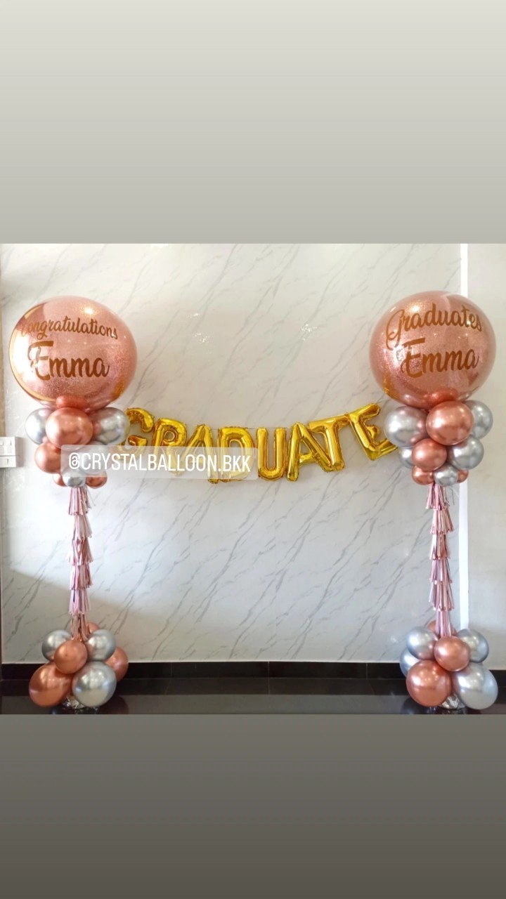 เสาลูกโป่ง รับปริญญา Bubble ขนาด 36" กลิตเตอร์สีโรสโกล 2 เสา พร้อม ฟอยล์ตัวอักษร ขนาด 16" 8 ตัวอักษร พร้อมตกแต่ง สามารถเปลี่ยนสีลูกโป่ง/เปลี่ยนข้อความ/เปลี่ยนขนาดได้