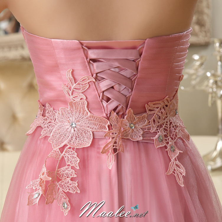 พร้อมส่ง ชุดราตรียาว เกาะอก สีชมพูหวาน ผ้าตาข่ายทั้งชุด อกจับจีบ แต่งดอกคาดเอว & พร้อมเม็ดคริสตัลหรู (เหลือสีชมพูอ่อน)