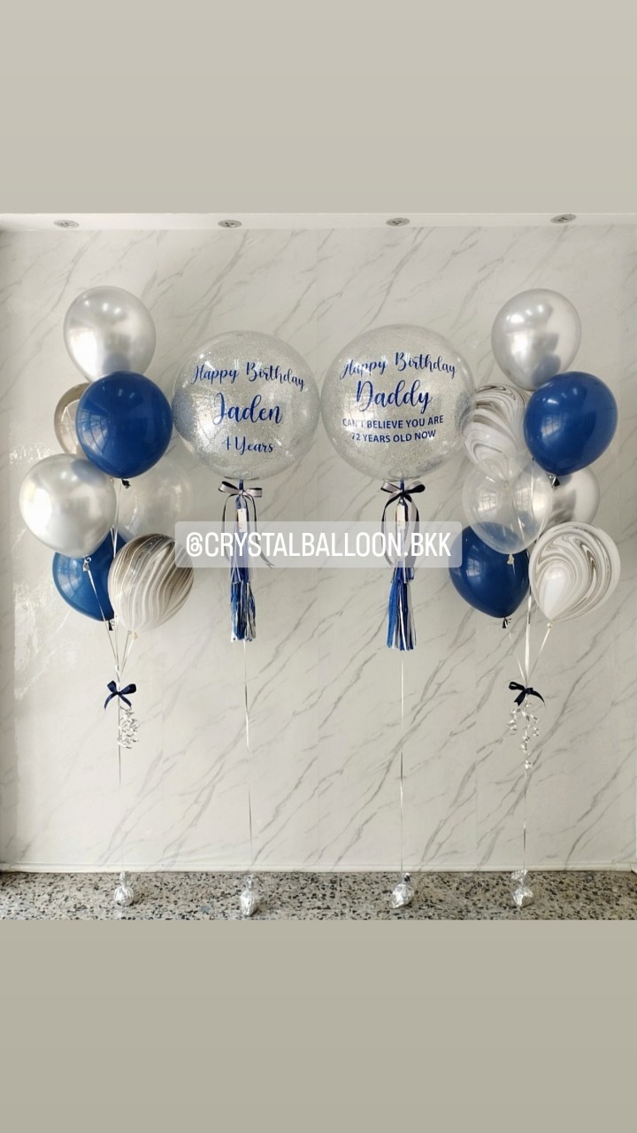ลูกโป่ง วันเกิด Bubble ขนาด 24" กลิตเตอร์สีเงิน 2 ลูก พร้อมตกแต่ง ช่อลูกโป่ง 7 ลูก 2 ช่อ,ลูกโป่งลายหิน USA 4 ลูก สามารถเปลี่ยนสีลูกโป่ง/เปลี่ยนข้อความ/เปลี่ยนขนาดได้