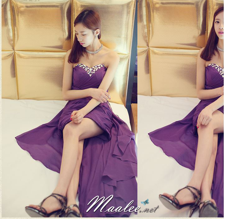 พร้อมส่ง ชุดราตรีสั้น&ชุดเดรสสั้น เกาะอกสีม่วง ผ้าชีฟองแต่งจีบกระโปรงแบบสานต่อกัน อกแต่งเลื่อมหรู ชายยาว (ปรับแก้ไซส์ได้)