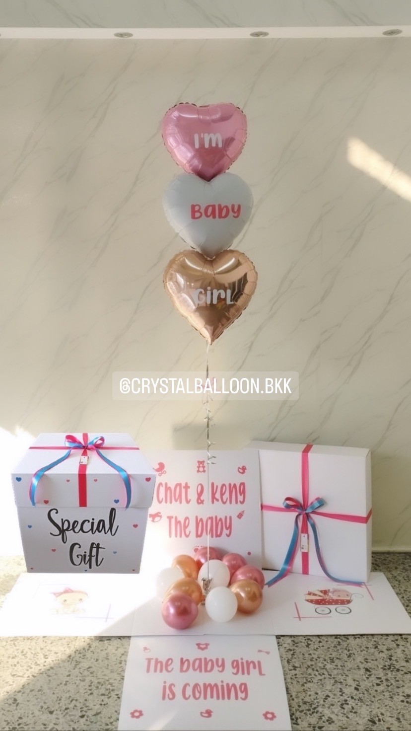 Gender Reveal Surprised Box กล่องทายเพศ ฟอยล์หัวใจ ขนาด 18" 3 ชิ้น พร้อมตกแต่ง สามารถใส่รูปได้ 2 ใบ สามารถเปลี่ยนสีลูกโป่ง/เปลี่ยนข้อความ/เปลี่ยนสี-ฟอยล์ตกแต่งได้
