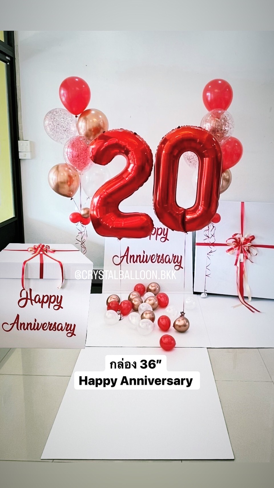 ลูกโป่ง Anniversary Jumbo Box 36" Theme สีแดง พร้อมตกแต่ง ฟอยล์ตัวเลข ขนาด 40" 2 ชิ้น,ช่อลูกโป่ง 7 ลูก 2 ช่อ,ลูกโป่งใส ใส่กลิตเตอร์,สามารถใส่รูปได้ 4 ใบ สามารถเปลี่ยนสีลูกโป่ง/เปลี่ยนข้อความ/เปลี่ยนสี-ฟอยล์ตัวเลขได้