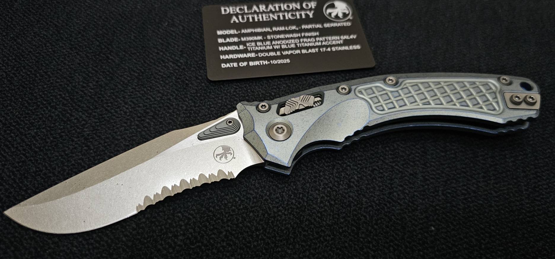 Microtech Marfione Select Amphibian RAM LOK Ice Blue Frag Titanium Handles & Serrated Stonewash M390MK & Blue Accents