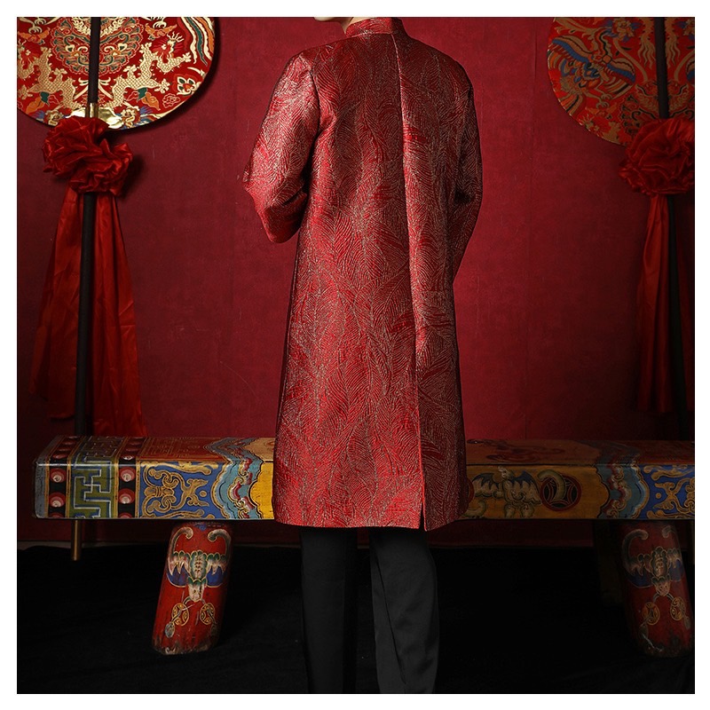พร้อมส่ง เสื้อคอจีนยาวแขนยาว ผ้าไหมจีน สีแดงปักดิ้นทอง (ไซส์ M)