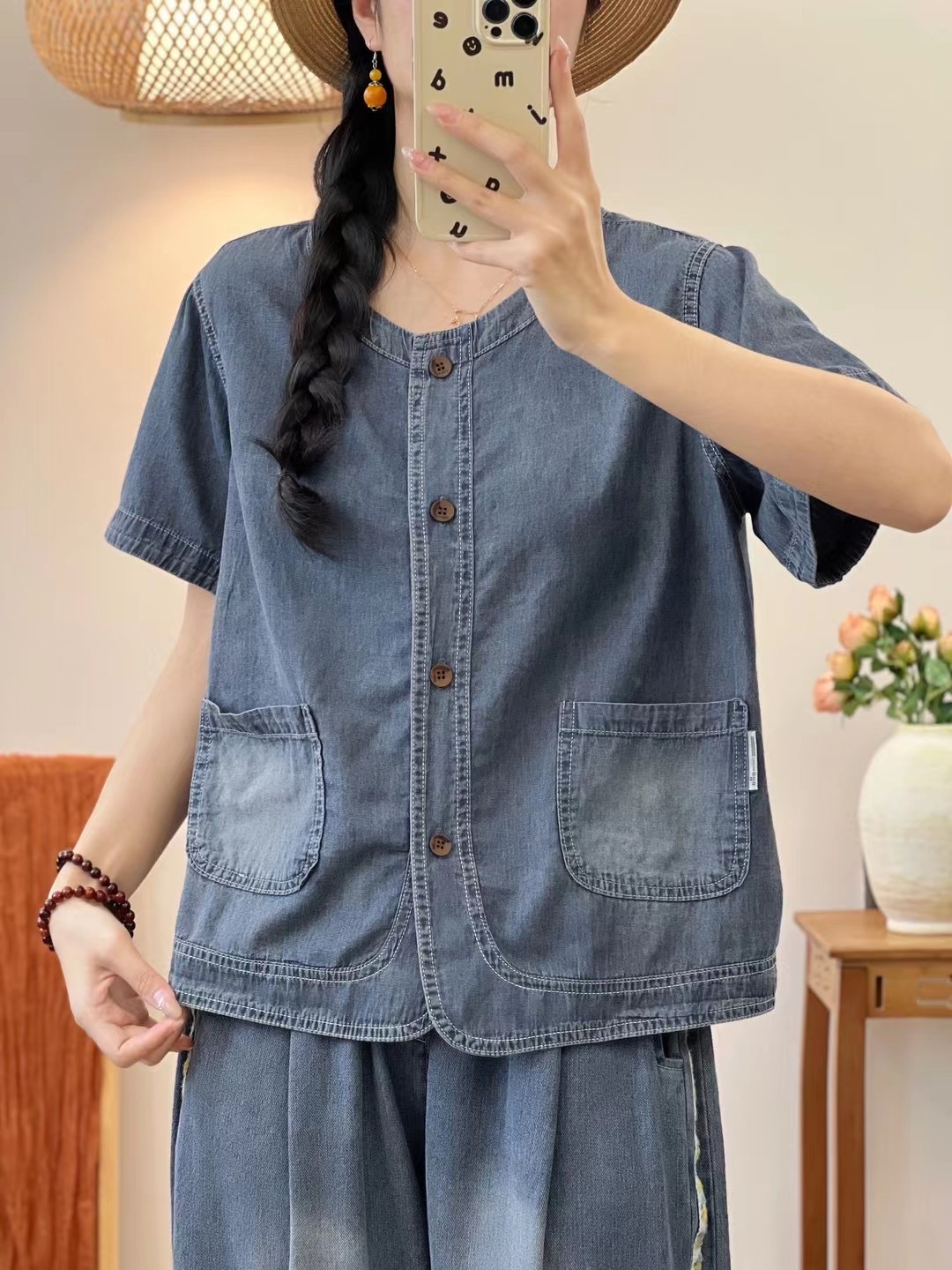เสื้อ/เสื้อคลุมยีนส์บางแต่งกระเป๋า