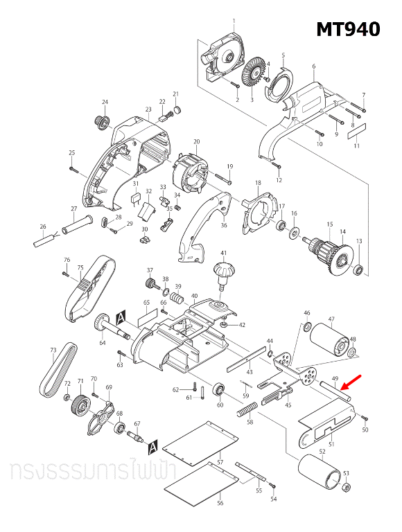 TENSION ROLLERSHAFT Maktec-มาคเทค, Makita มากีต้า 9403 [#54], MT940, MT941 [#49] Pn.323829-0 (แท้)##