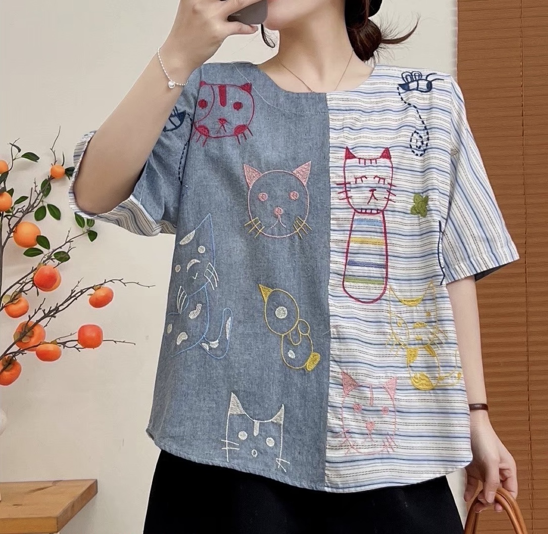 เสื้อผ้าฝ้ายต่อลายปักลายแมว