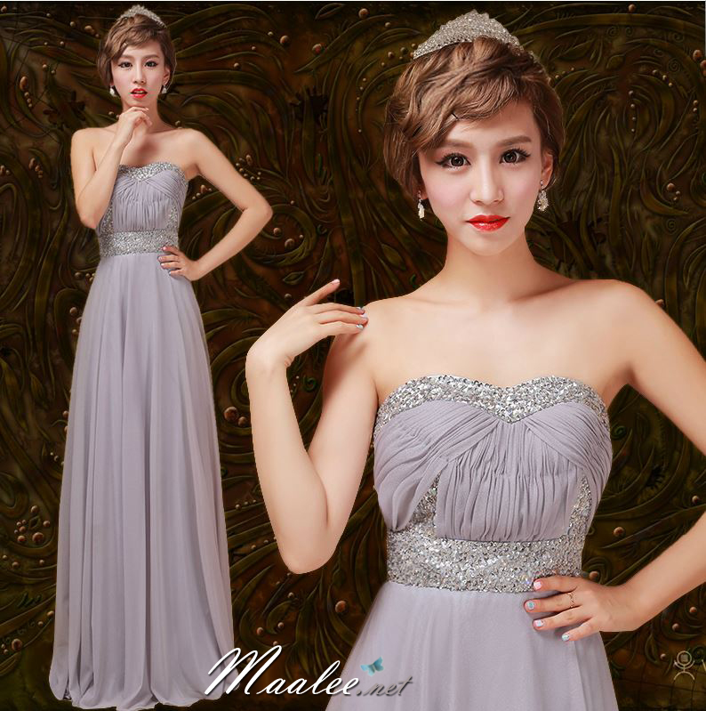 พร้อมส่ง ชุดราตรียาว เกาะอก แต่งเพชรหรู สีเทา