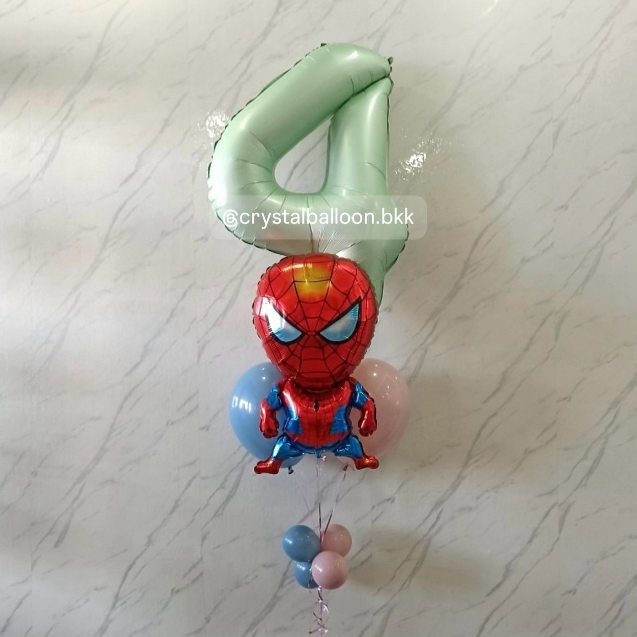 ลูกโป่ง วันเกิดเด็ก ช่อลูกโป่งฟอยล์ Spider Man 1 ช่อ ลูกโป่ง 2 ลูก สีdusk blue/dusk pink พร้อม ฟอยล์ตัวเลข ขนาด 40" 1 ชิ้น สีเขียวพาสเทล พร้อมตกแต่ง สามารถเปลี่ยนสีลูกโป่ง/เปลี่ยนสี-ฟอยล์ตัวเลข/เปลี่ยนฟอยล์ตกแต่งได้