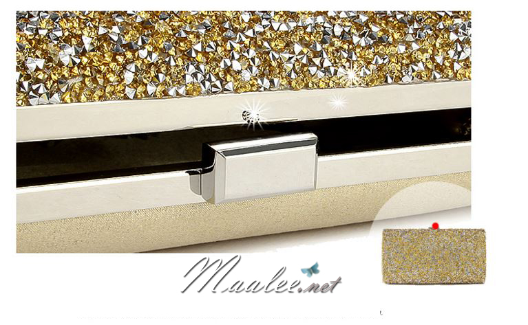 พร้อมส่ง Evening Clutch กระเป๋าออกงาน ทรงสี่เหลี่ยม พร้อมสายโซ่ยาว อัดคริสตัลเม็ดเล็ก สวยหรู สีทอง