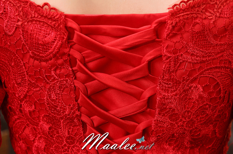 พร้อมเช่า ชุดราตรียาว สีดำ ทรงหางปลา ลูกไม้ทัั้งตัว เปิดไหล่ แขนสามส่วน (เชือกผูกหลัง)