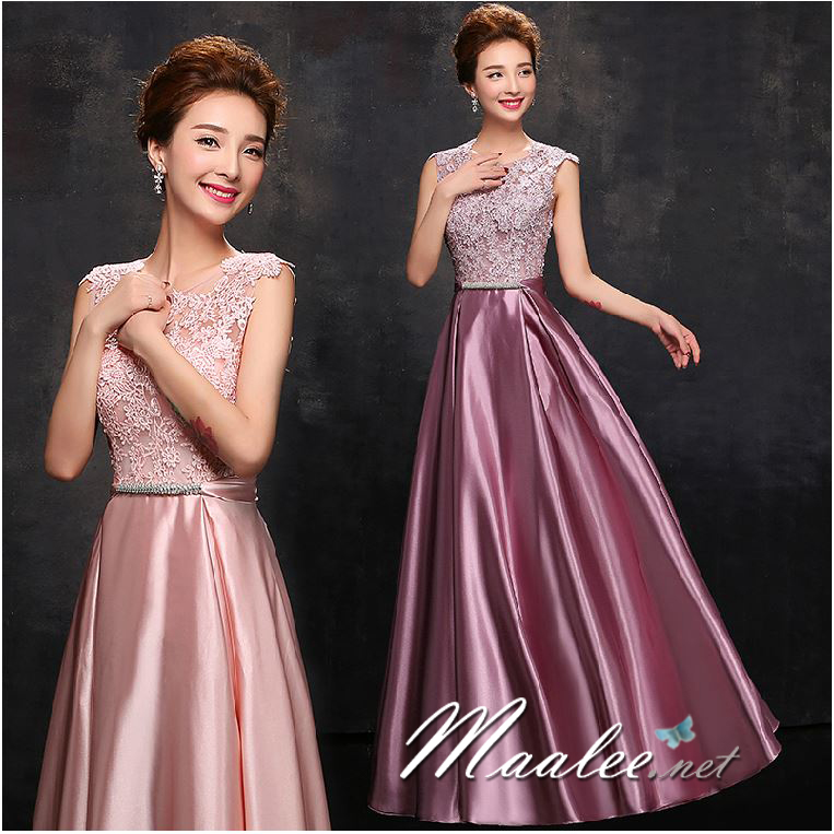 พร้อมส่ง ชุดราตรียาว แขนกุด สีชมพู อกแต่งลูกไม้ กรโปรงเนื้อผ้ามัน คาดเอวคริสตัล เซ็กซี่ผ้าหลัง เพิ่มเข็มกลัดโบว์ช่วงหลัง