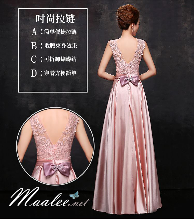 พร้อมเช่า ชุดราตรียาว แขนสามส่วน สีทอง อกแต่งลูกไม้ กรโปรงเนื้อผ้ามัน คาดเอวคริสตัล เพิ่มเข็มกลัดโบว์ช่วงหลัง