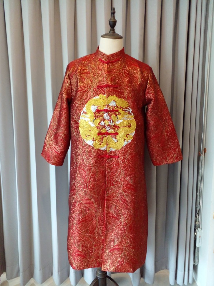 พร้อมส่ง เสื้อคอจีนยาวแขนยาว ผ้าไหมจีน สีแดงปักดิ้นทอง (ไซส์ M)