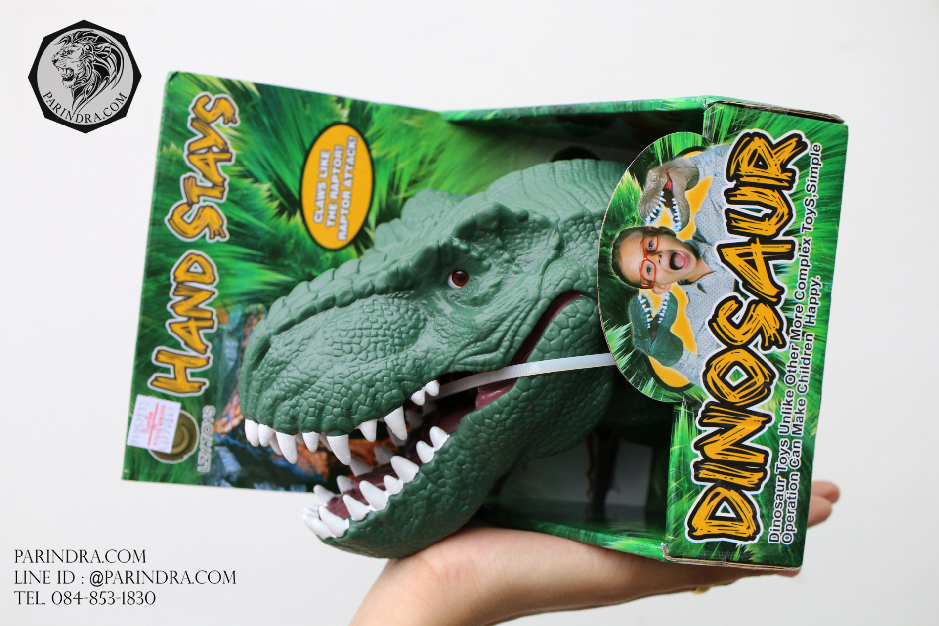 โมเดลยางสวมมือหัวไดโนเสาร์ T-REX สีเขียวแก่ ของเล่น