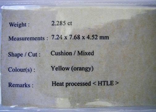 บุษราคัม(Yellow Sapphire)พลอยบางกะจะ เป็นพลอยที่ผ่านการเผาให้ความร้อยอย่างเดียว ไม่ใส่สารใดๆทั้งสิ้น ขนาด7.24x7.68x4.52 mm .นน.2.285 ct.