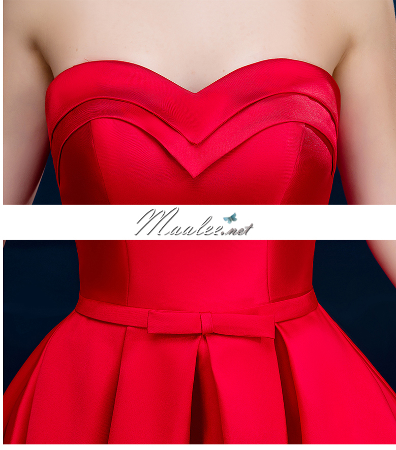พร้อมส่ง ชุดราตรีสั้น เกาะอกแบบ Sweet Heart สไตล์วินเทจผ้าไหมดัชเชส กระโปรงทรงA แต่งโบว์ช่วงเอว สีแดง (เชือกผูกหลัง)
