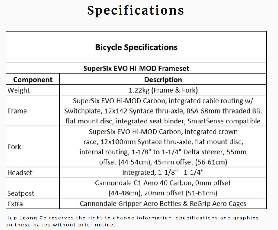 เฟรมเซ็ตเสือหมอบ CANNONDALE SuperSix EVO 4 HM AM Frameset 2023