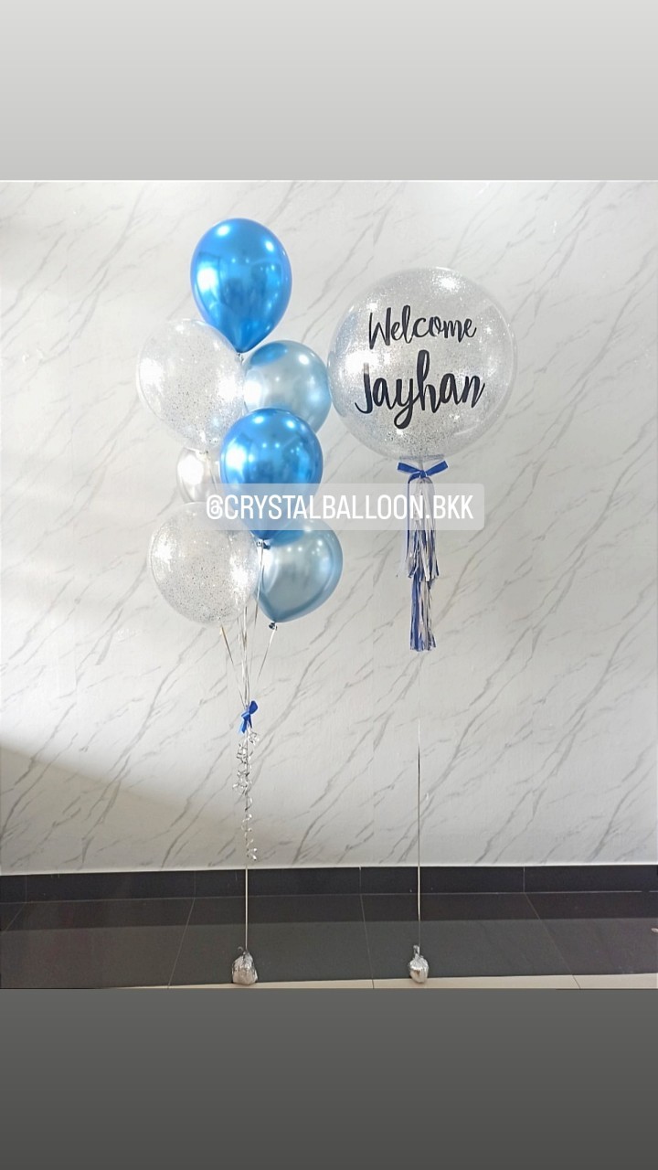 ลูกโป่ง Welcome Baby Boy Bubble ขนาด 24" กลิตเตอร์สีเงิน พร้อมตกแต่ง ช่อลูกโป๋งโครเมี่ยม ช่อ 7 ลูก 1 ช่อ,ลูกโป่งใส ใส่กลิตเตอร์ สามารถเปลี่ยนสีลูกโป่ง/เปลี่ยนข้อความ/เปลี่ยนขนาดได้