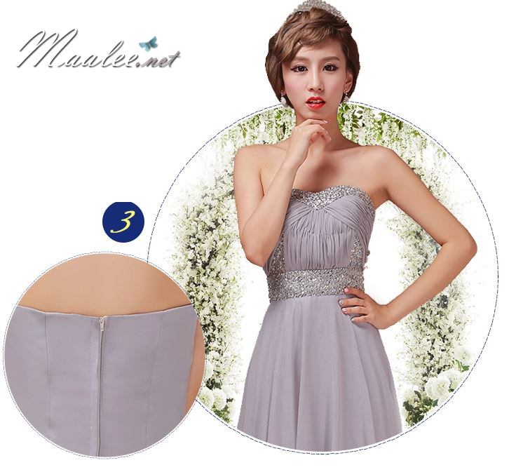 พร้อมส่ง ชุดราตรียาว เกาะอก แต่งเพชรหรู สีเทา