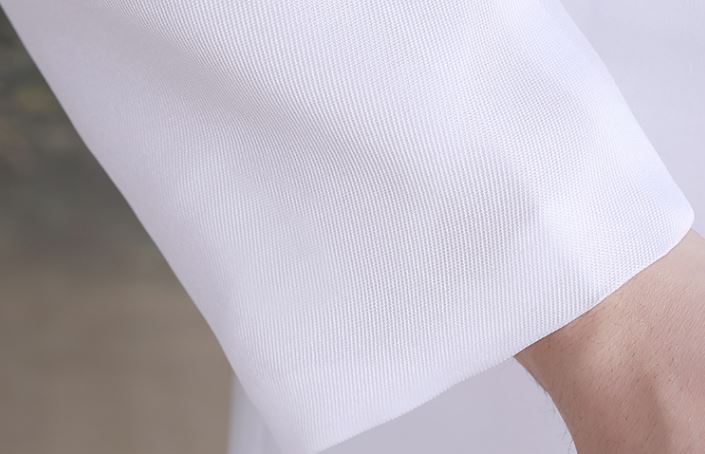 พร้อมเช่า ชุดสูทจีนชาย สีขาวล้วน คอปีน แขนยาว สไตล์จีน