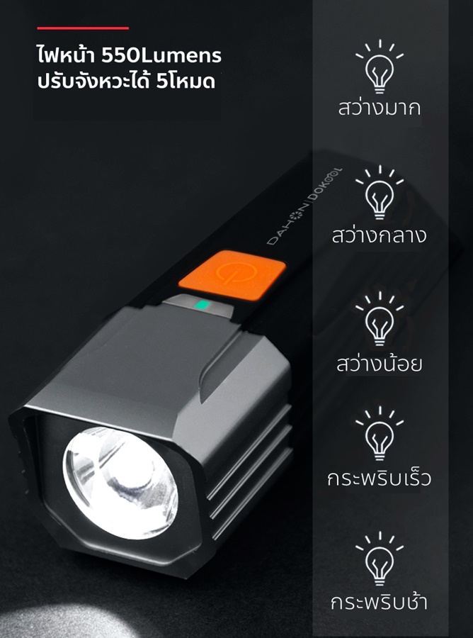 DAHON Cycling Front Light บอดี้อลูมิเนียม กันน้ำ ชาร์จUSB ความสว่าง 550 lumens แบตเตอรี่ 2200 mA