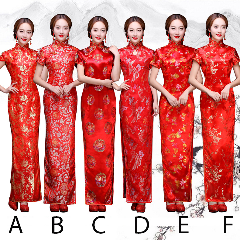 พร้อมส่ง กี่เพ้า สีแดง ผ้าไหมจีน ทอลายดอกไม้ สีทอง กุ๊นขอบ ตัดเย็บอย่างดี (2XL)