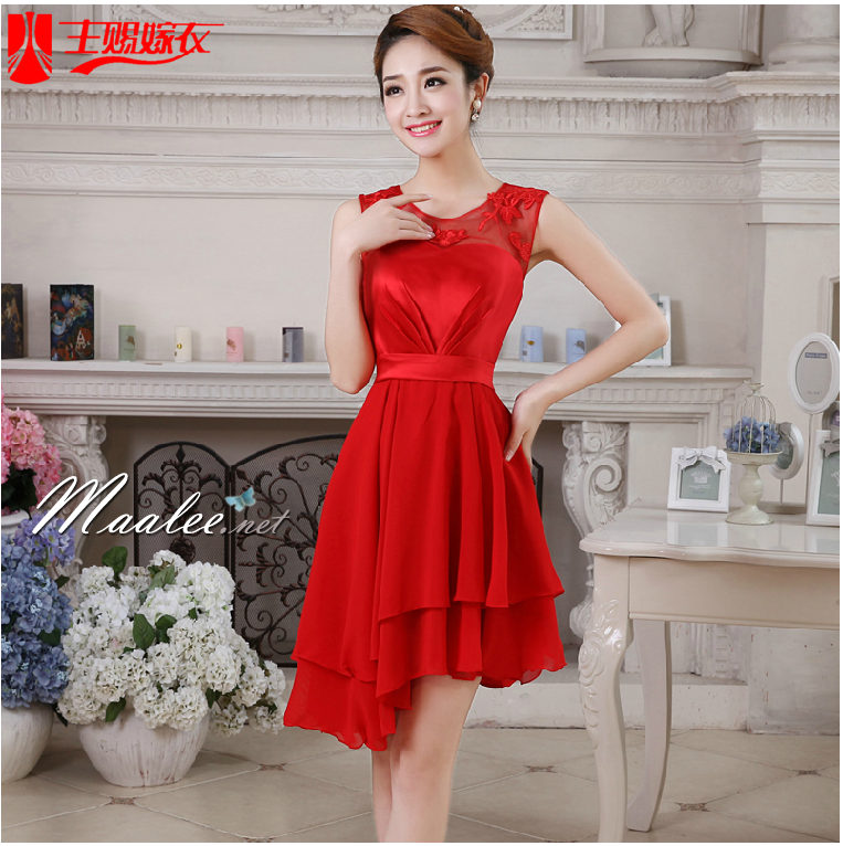 พร้อมส่ง ชุดราตรีสั้น ลูกไม้ สีแดง กระโปรงระบาย