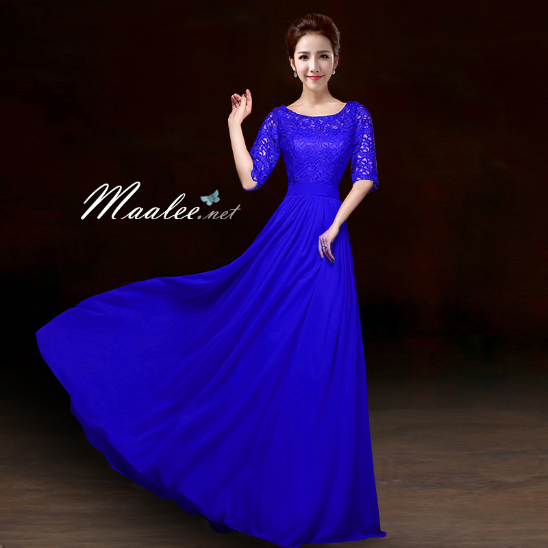 พร้อมเช่า ชุดราตรียาว สีน้ำเงิน แขนสามส่วน ลูกไม้ฉลุ กระโปรงผ้าชีฟอง