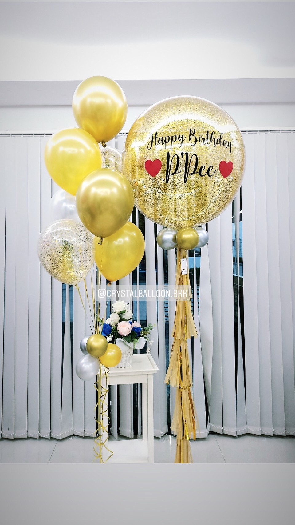 ลูกโป่ง วันเกิด Bubble ขนาด 36" สีทอง พร้อม ช่อลูกโป่ง ช่อ 7 ลูก 1 ช่อ,ลูกโป่งใส ใส่กลิตเตอร์ พร้อมตกเเต่ง สามารถเปลี่ยนสีลูกโป่ง/เปลี่ยนข้อความ/เปลี่ยนขนาดได้