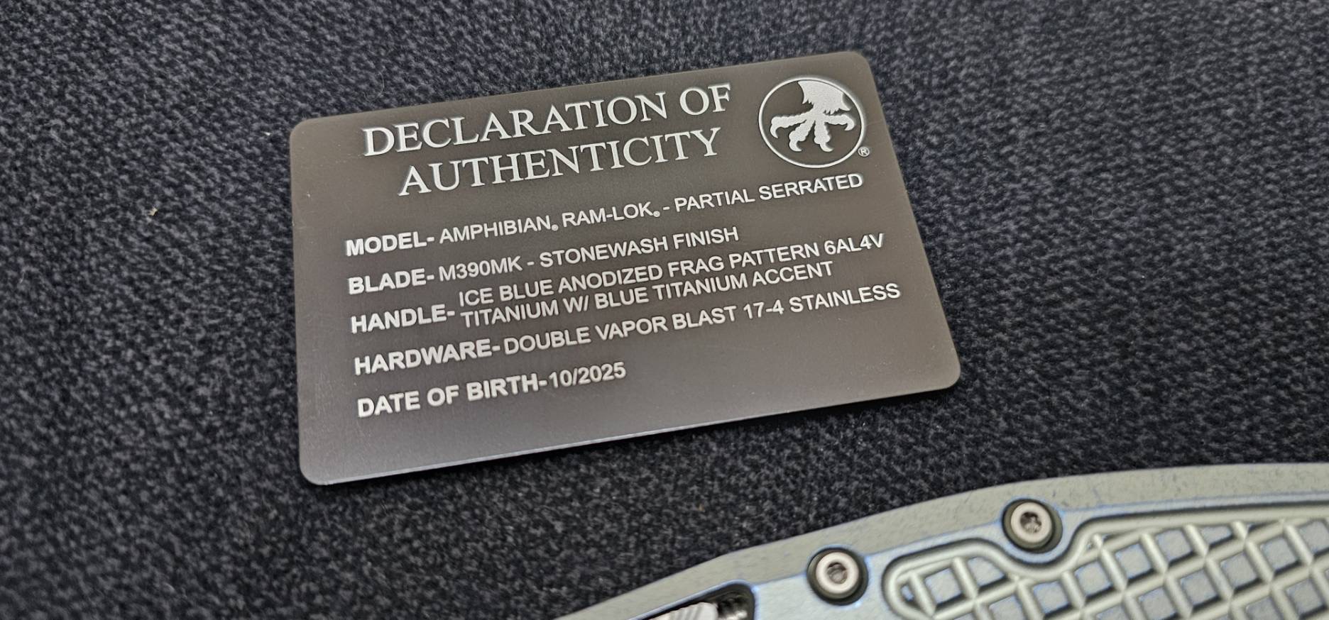 Microtech Marfione Select Amphibian RAM LOK Ice Blue Frag Titanium Handles & Serrated Stonewash M390MK & Blue Accents