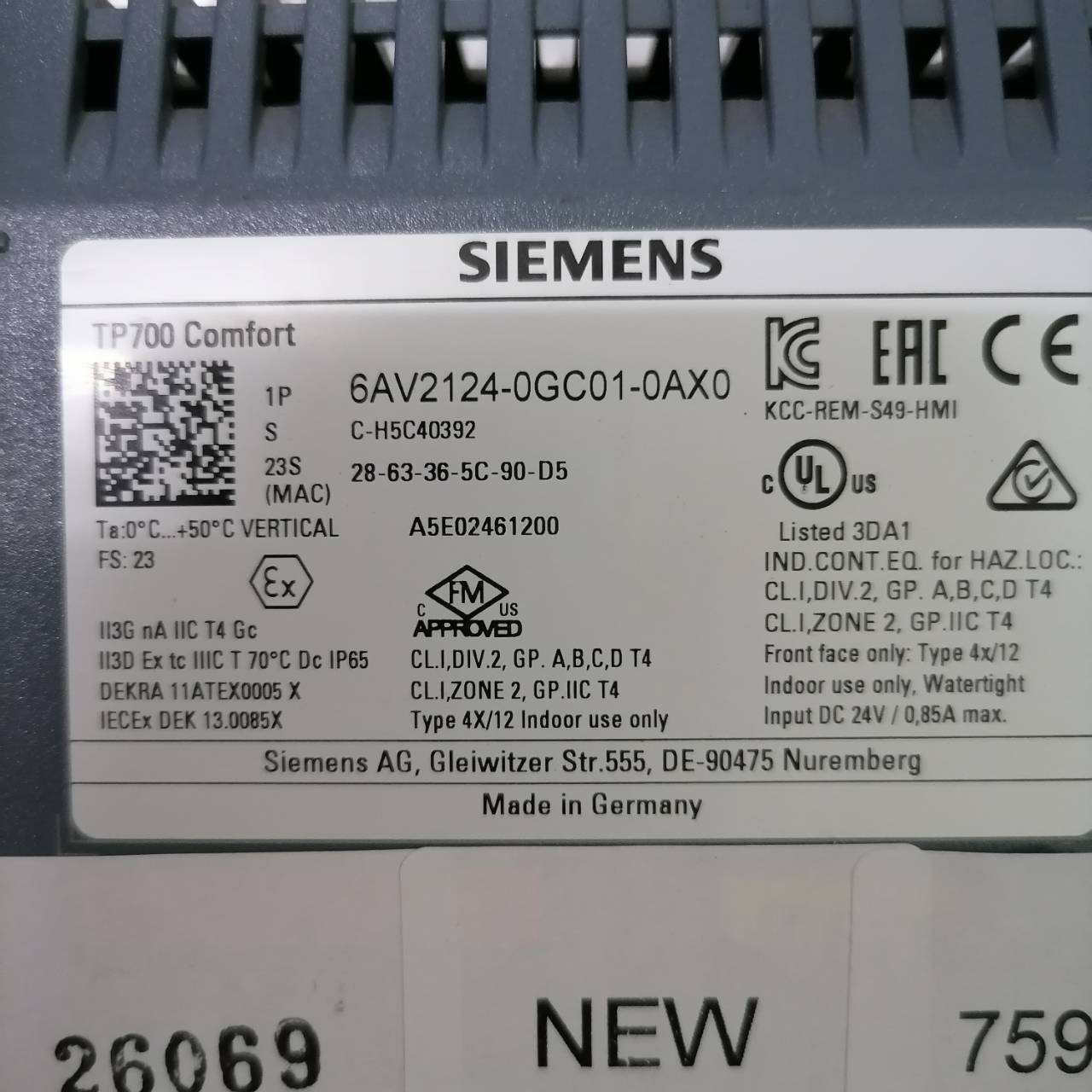 6AV2 124-0GC01-0AX0 LCD TOUCH SCREEN " SIEMENS "