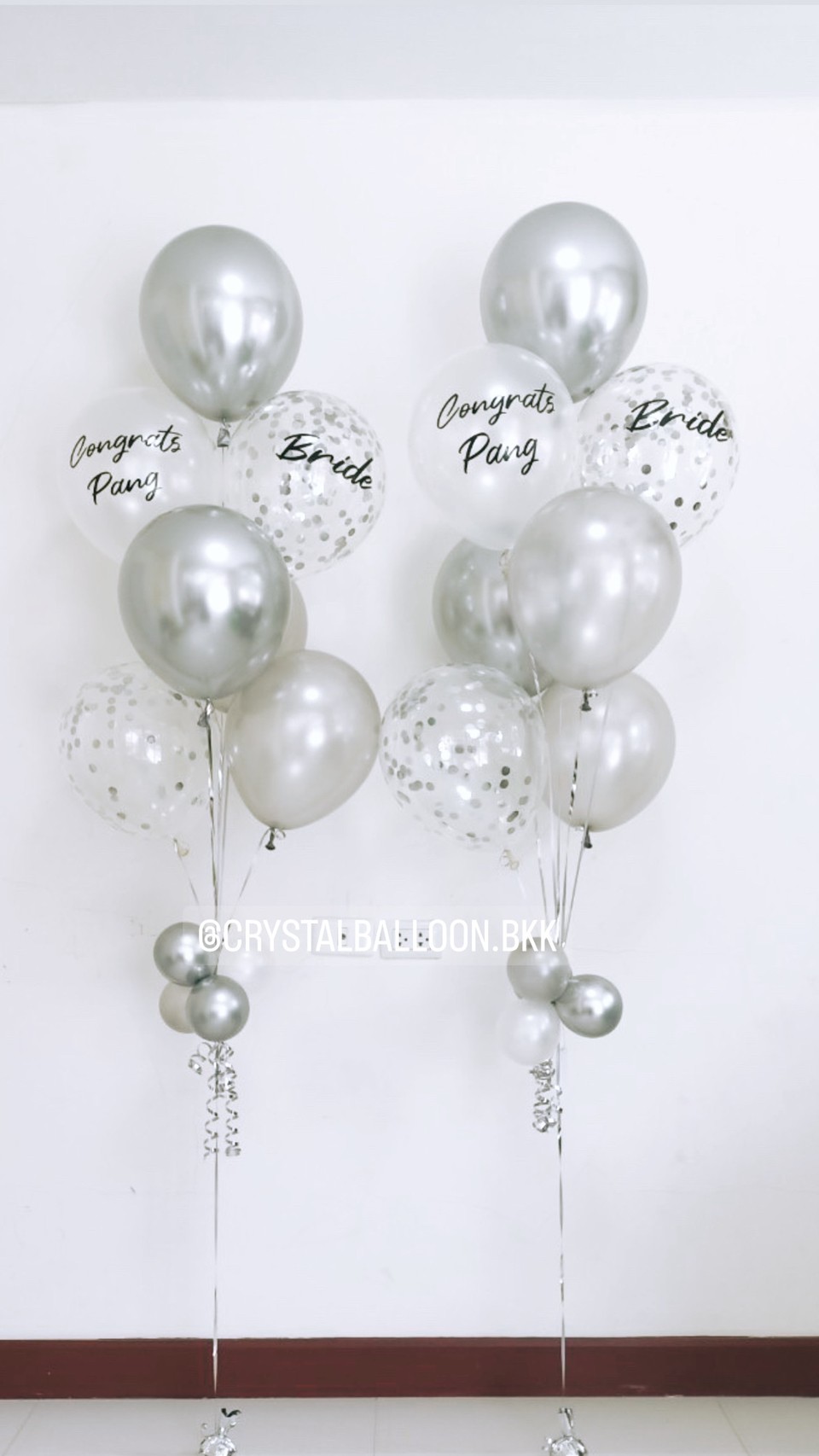 ลูกโป่ง Bride To Be ช่อลูกโป่ง ช่อ 7 ลูก 2 ช่อ Theme เงิน พร้อม ลูกโป่งใส ใส่ Confetti พร้อมตกเเต่ง สามารถเปลี่ยนสีลูกโป่ง/เปลี่ยนข้อความได้