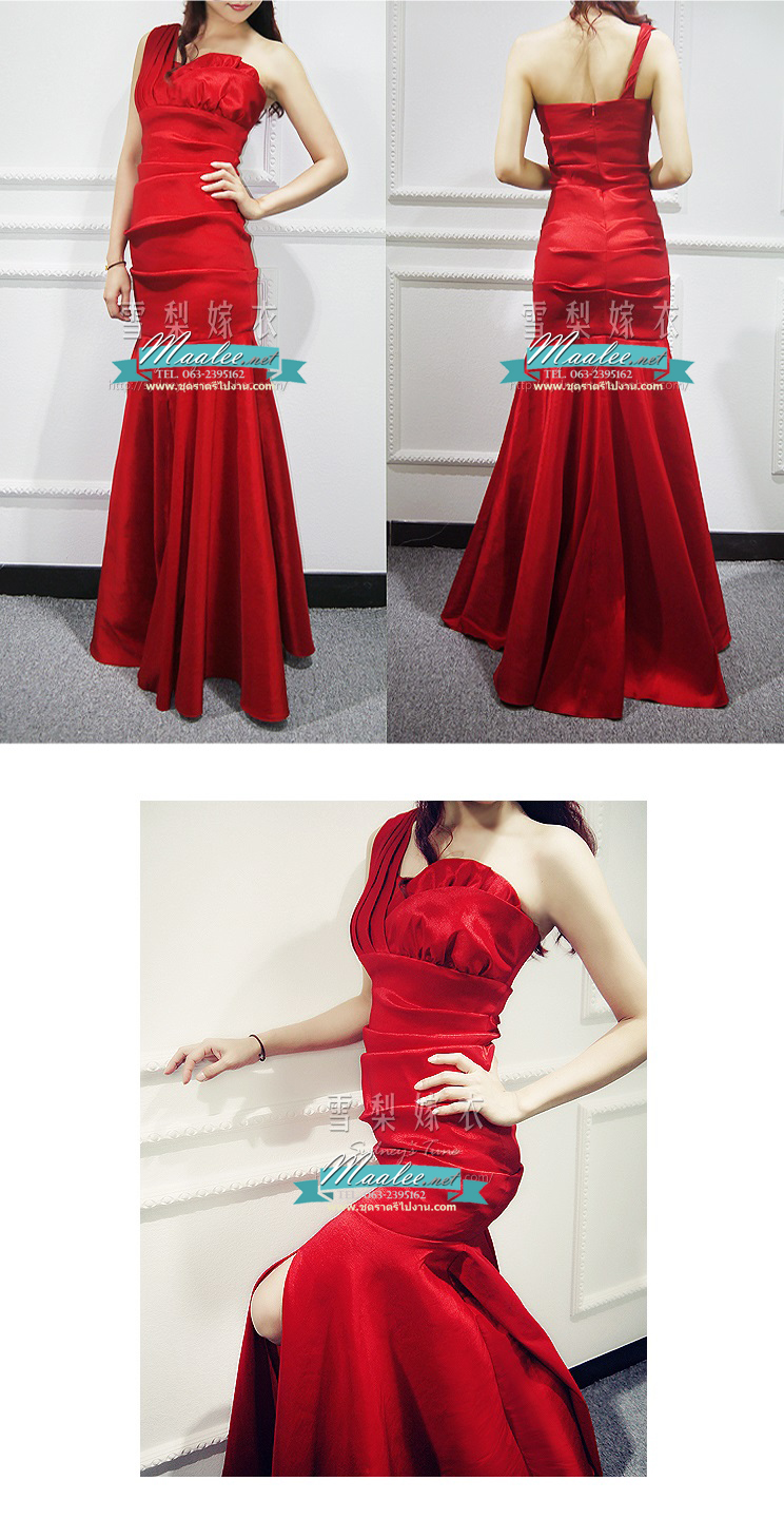 พร้อมเช่า ชุดราตรียาว เกาะอก ไหล่เดียว ทรงหางปลา ผ้าแพรยืดตามตัว แหวกหน้าขา สีแดง