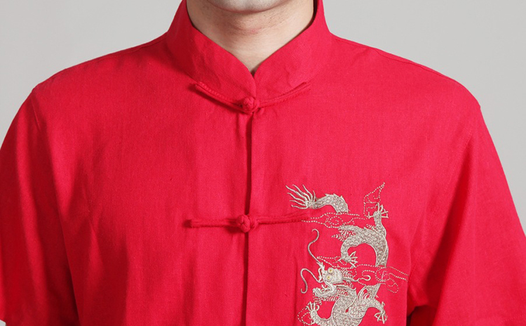 Pre-order ชุดจีน เสื้อจีนชาย แขนสั้น ผ้าฝ้าย สีขาว ปักลายมังกร