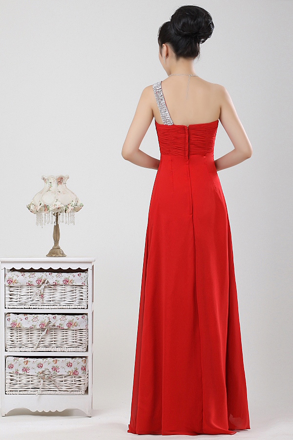 พร้อมเช่า ชุดราตรียาว เกาะอก ไหล่เดียว สีน้ำเงิน อกจับจีบ Sweet Heart คาดแถบเลื่อมสวยเก๋