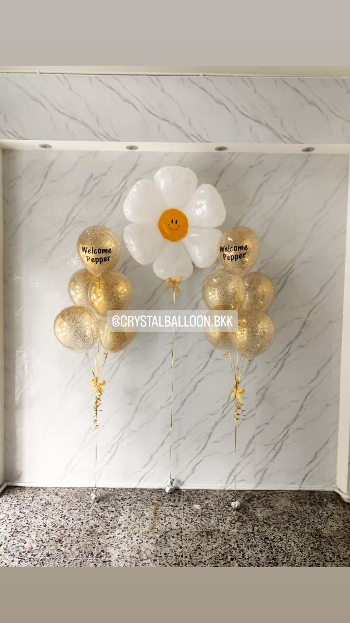 ลูกโป่ง Welcome Home ช่อลูกโป่ง ช่อ 5 ลูก 2 ช่อ พร้อม ฟอยล์ดอกเดซี่ 1 ชิ้น พร้อมตกเเต่ง สามารถเปลี่ยนสีลูกโป่ง/เปลี่ยนข้อความ/เปลี่ยนฟอยล์ตกแต่งได้