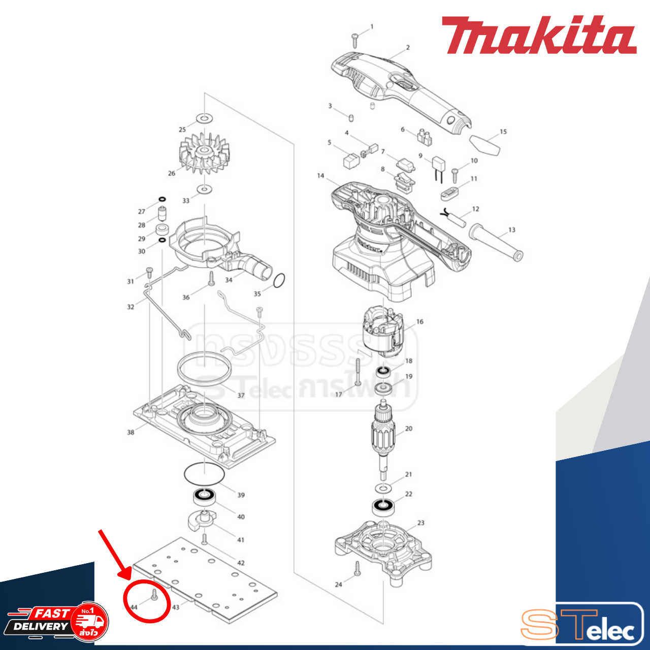 Tapping Screw 4X12 เครื่องขัดกระดาษทราย Maktec-Makita รุ่น MT923, M9203B [#44] P/N.266427-6 (แท้)++