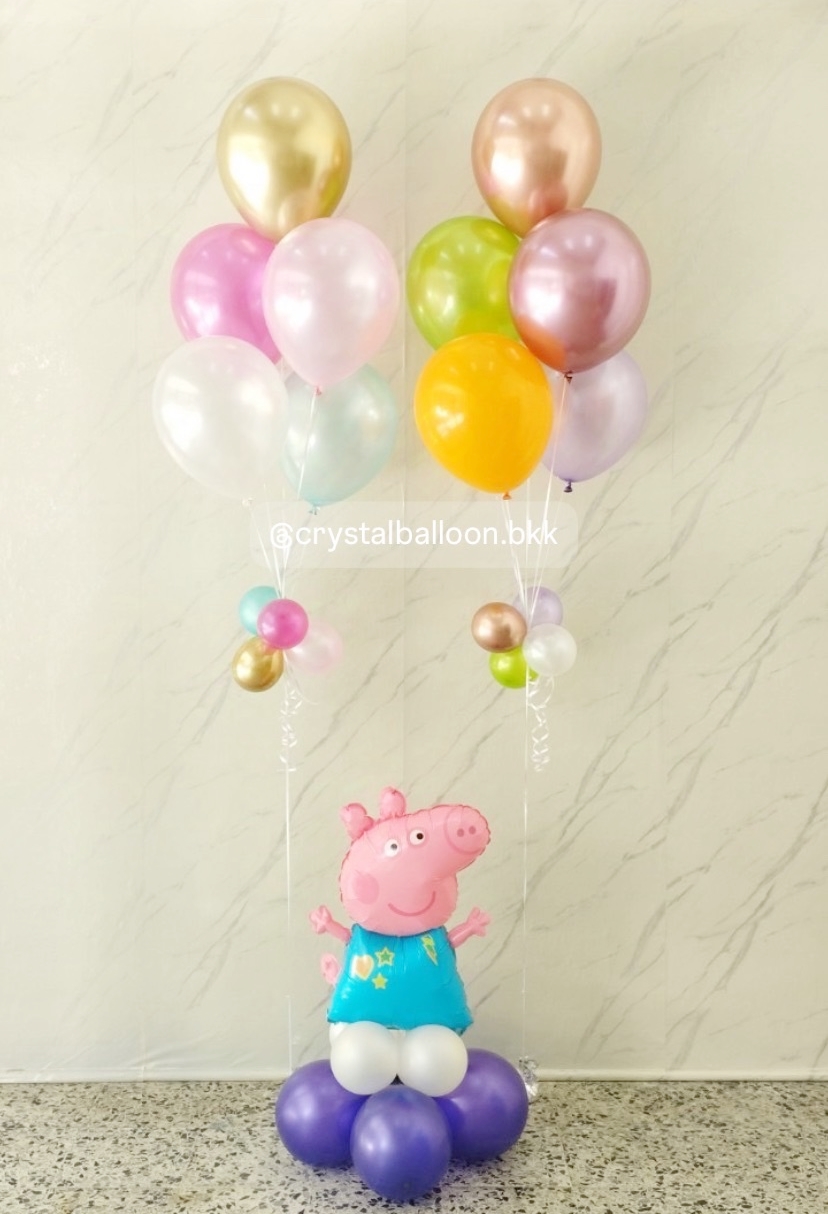 ลูกโป่ง วันเกิดเด็ก Peppa Pig ตั้งฐาน 1 ชิ้น พร้อม ช่อลูกโป่ง ช่อ 5 ลูก 2 ช่อ พร้อมตกเเต่ง สามารถเปลี่ยนสีลูกโป่ง/เปลี่ยนข้อความ/เปลี่ยนฟอยล์ตกแต่งได้