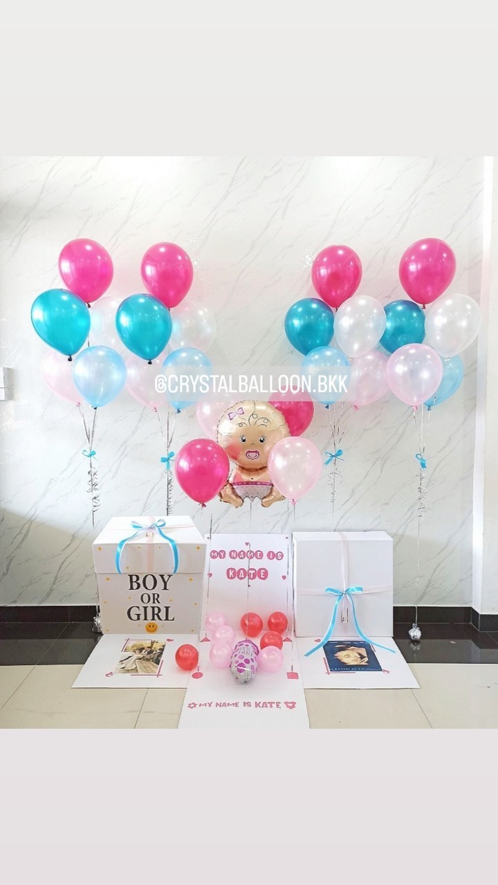 Gender Reveal Surprised Box กล่องทายเพศน้อง พร้อม ช่อลูกโป่ง ช่อ 5 ลูก 4 ช่อ,สามารถใส่รูปได้ 2 ใบ สามารถเปลี่ยนสีลูกโป่ง/เปลี่ยนข้อความ/เปลี่ยนสี-ฟอยล์ตกแต่งได้